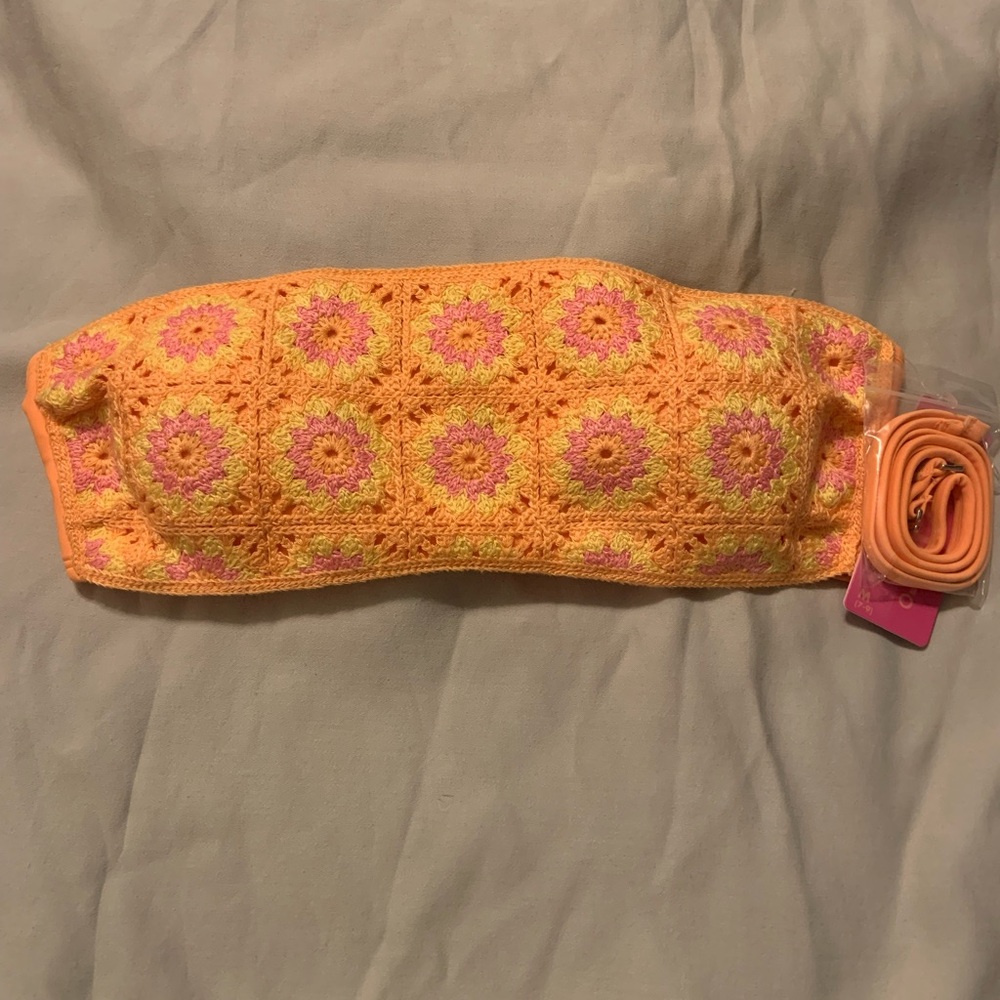 Ninety Nine Orange and Pink Crochet Bikini Halter Top